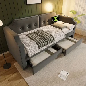 Divano letto imbottito 90x200 cm, con luce di lettura USB Type-C, con 2 cassetti contenitori, grigio (senza materasso)