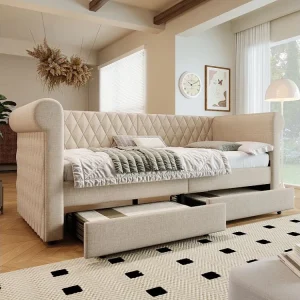Divano letto imbottito con testiera retrò 90x200 cm, con 2 cassetti contenitori, beige (senza materasso)