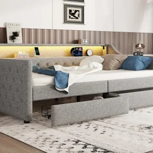 Divano letto lino 90x200 cm con LED - 2 cassetti e porte USB - con rete doghe - Grigio ModernLuxe