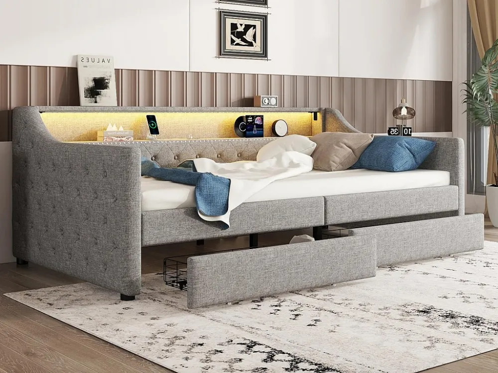 Divano letto lino 90x200 cm con LED - 2 cassetti e porte USB - con rete doghe - Grigio ModernLuxe