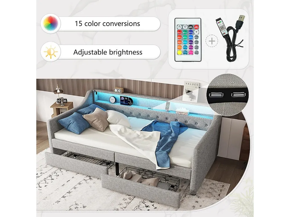 Divano letto lino 90x200 cm con LED - 2 cassetti e porte USB - con rete doghe - Grigio ModernLuxe