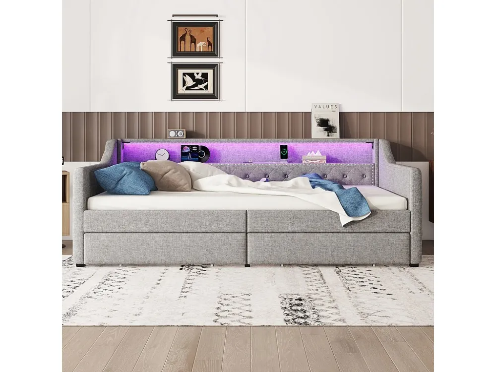Divano letto lino 90x200 cm con LED - 2 cassetti e porte USB - con rete doghe - Grigio ModernLuxe