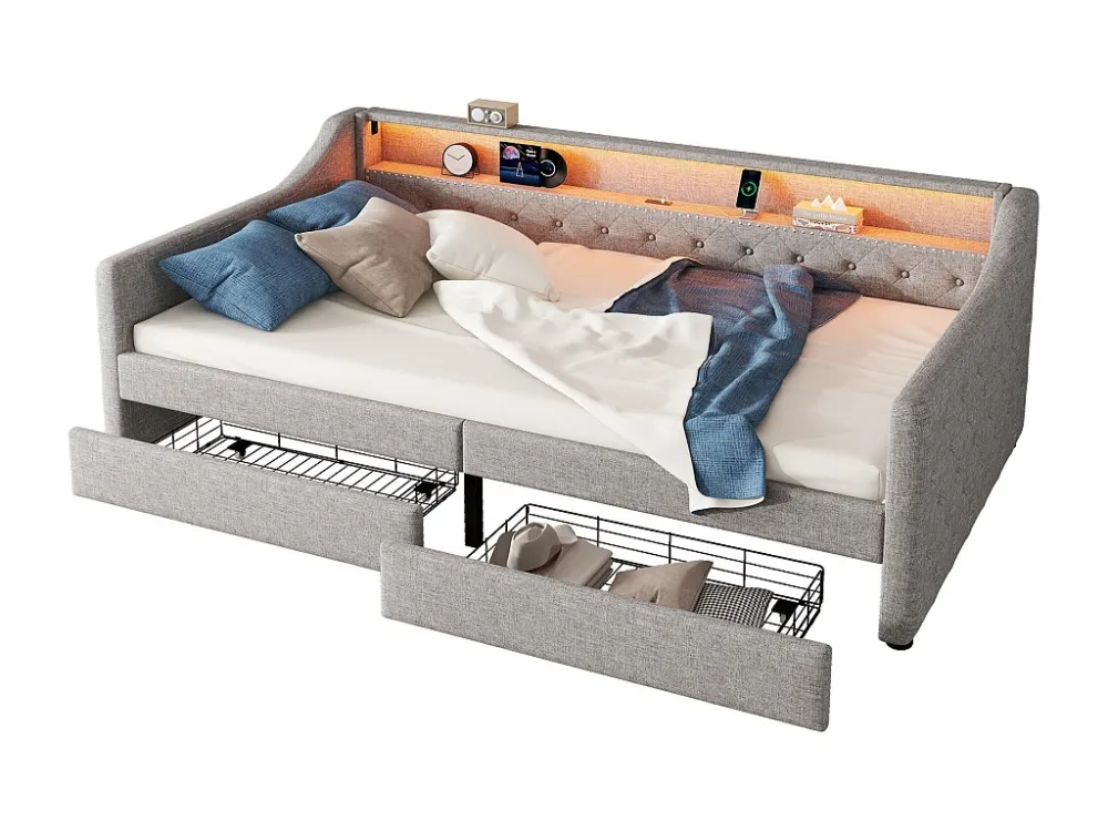 Divano letto lino 90x200 cm con LED - 2 cassetti e porte USB - con rete doghe - Grigio ModernLuxe