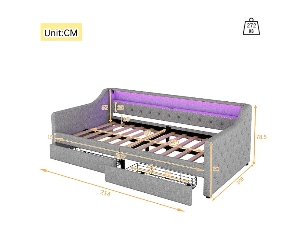 Divano letto lino 90x200 cm con LED - 2 cassetti e porte USB - con rete doghe - Grigio ModernLuxe