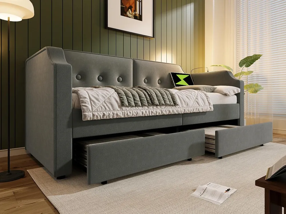 Divano letto velluto 90x200 cm - con funzione di ricarica e LED - con rete doghe - Grigio ModernLuxe