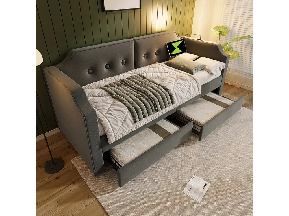 Divano letto velluto 90x200 cm - con funzione di ricarica e LED - con rete doghe - Grigio ModernLuxe