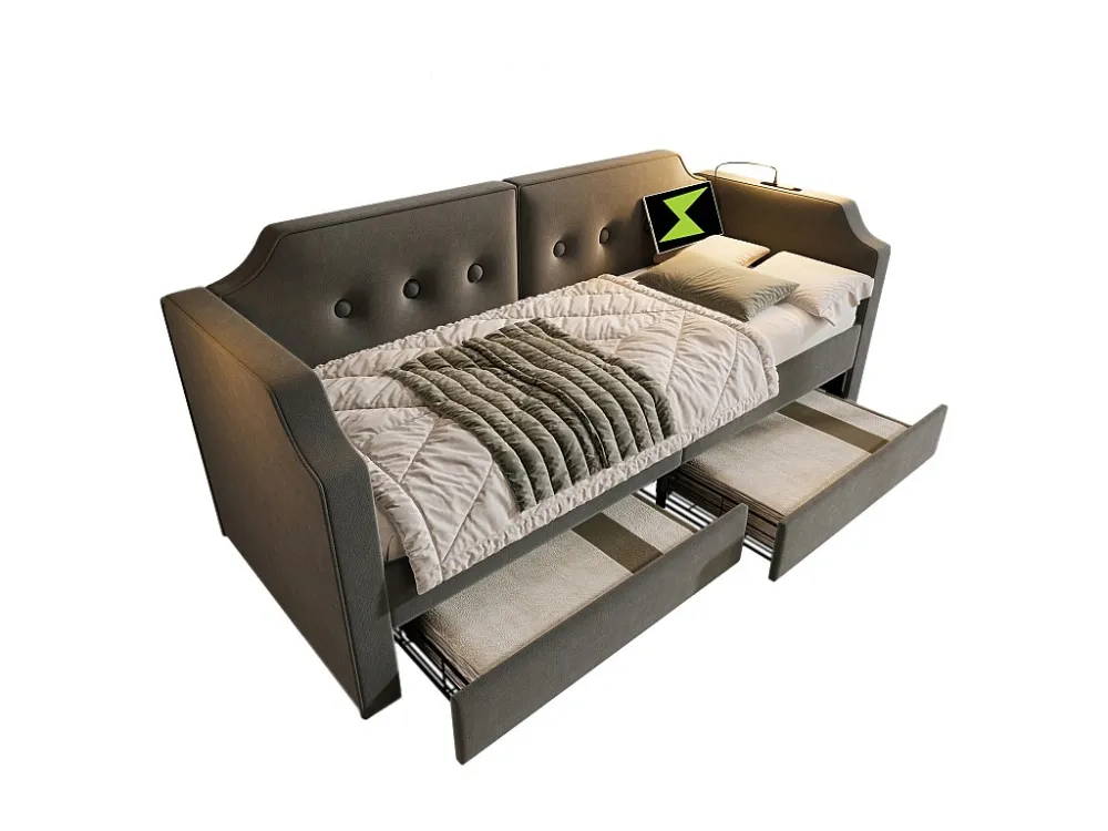 Divano letto velluto 90x200 cm - con funzione di ricarica e LED - con rete doghe - Grigio ModernLuxe