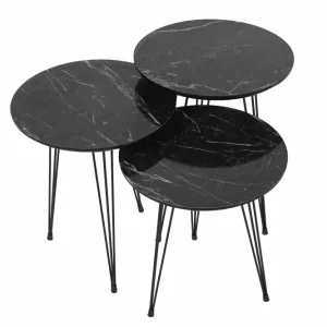 Set di 3 tavolini Storm metallo e legno, effetto marmo nero