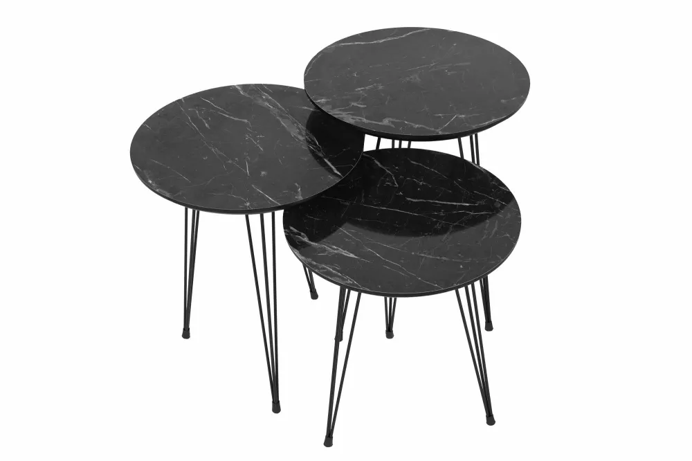 Set di 3 tavolini Storm metallo e legno, effetto marmo nero