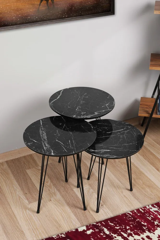 Set di 3 tavolini Storm metallo e legno, effetto marmo nero