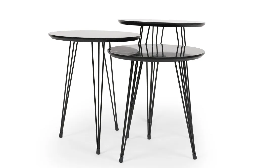 Set di 3 tavolini Storm metallo e legno, effetto marmo nero