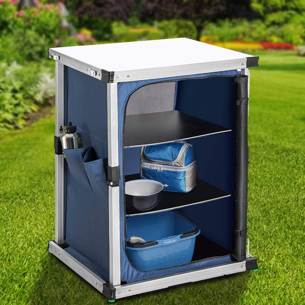 Mobile Cucina da Campeggio Armadietto Pieghevole Metallo e Tessuto 3 Ripiani