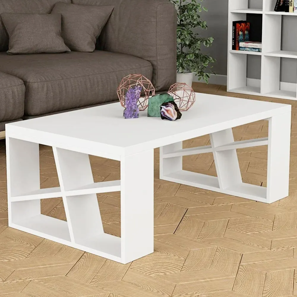 Tavolino Caffe Divano Salotto Rettangolare Basso Legno Design Moderno Bianco