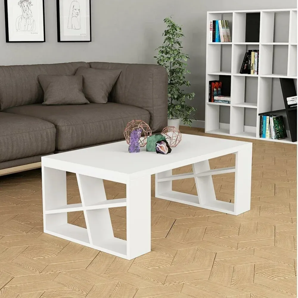 Tavolino Caffe Divano Salotto Rettangolare Basso Legno Design Moderno Bianco