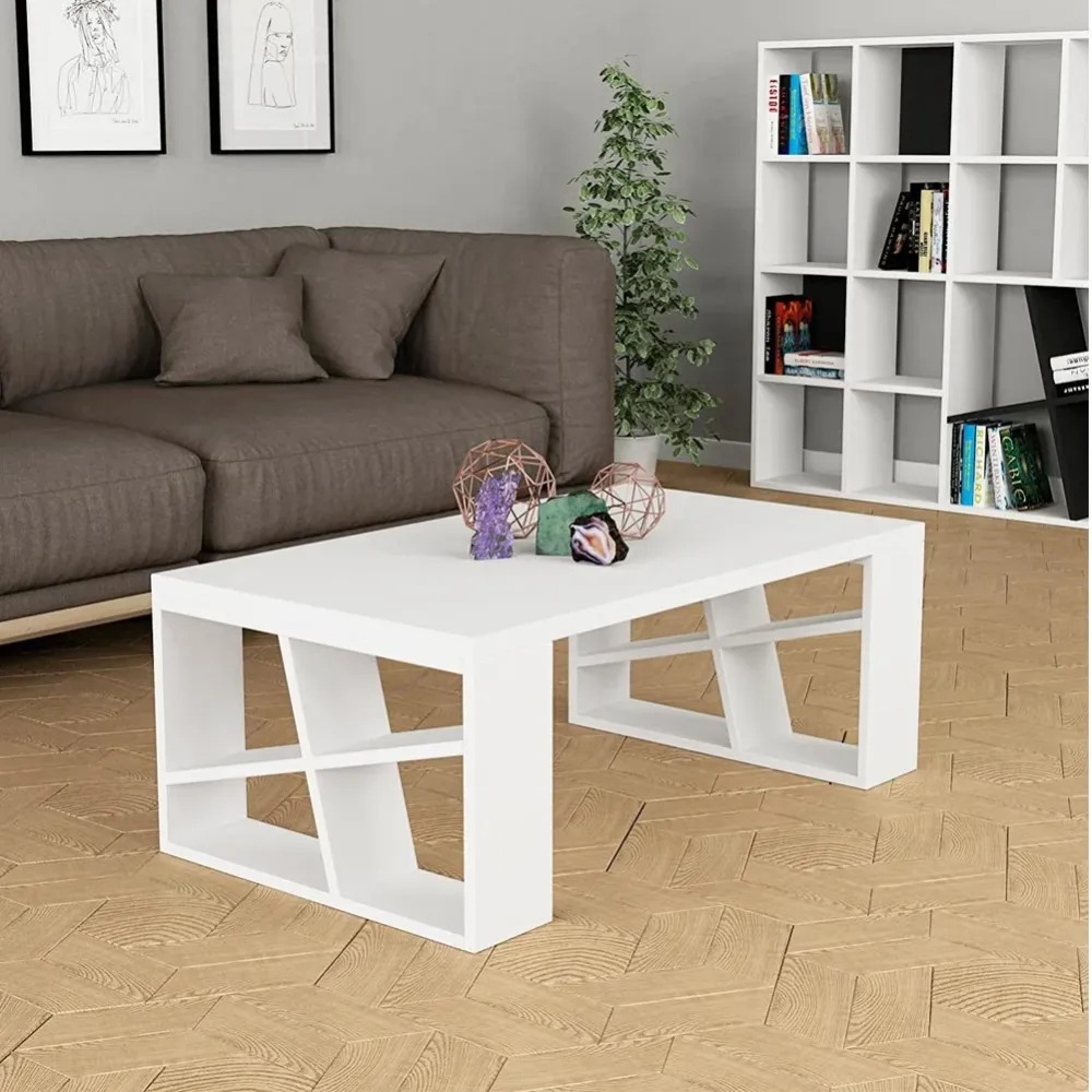Tavolino Caffe Divano Salotto Rettangolare Basso Legno Design Moderno Bianco