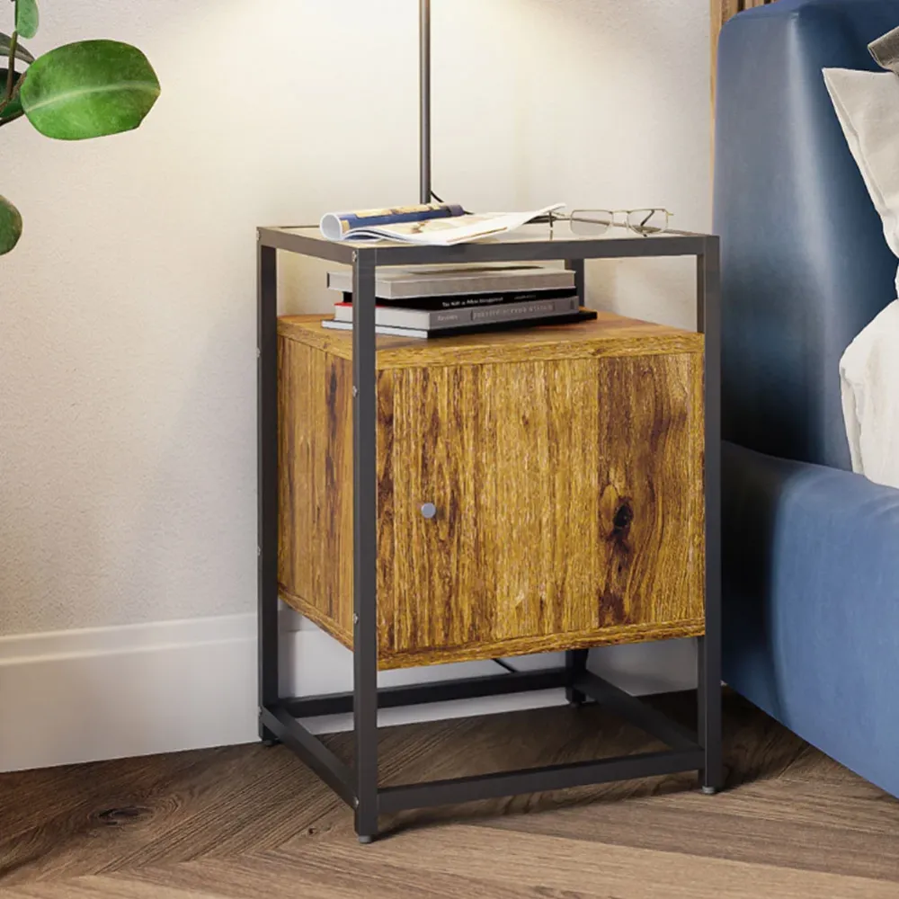 Tavolino Divano Mobiletto Comodino Metallo Legno e Vetro con Anta e Ripiano