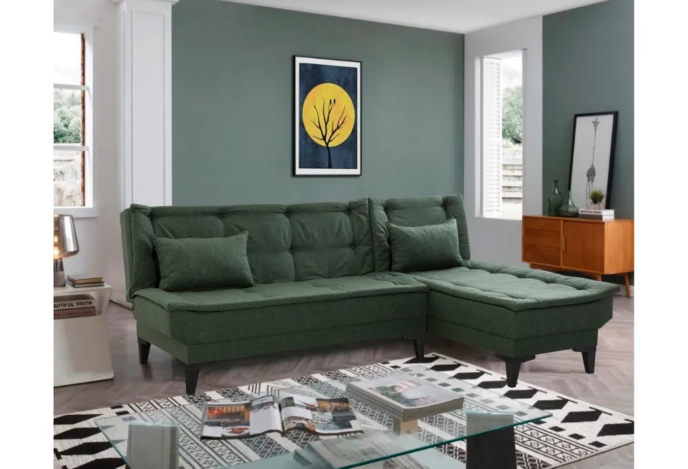 Divano Lefkadao trasformabile ad angolo destro legno massiccio nero e tessuto verde