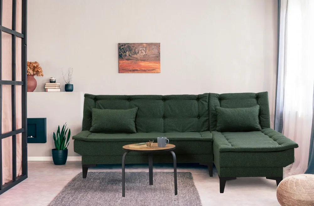 Divano Lefkadao trasformabile ad angolo destro legno massiccio nero e tessuto verde