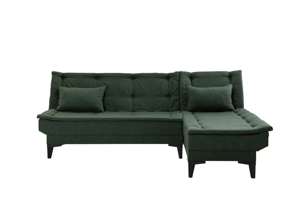 Divano Lefkadao trasformabile ad angolo destro legno massiccio nero e tessuto verde