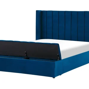 Letto matrimoniale ad acqua velluto blu con panca portaoggetti 160 x 200 cm NOYERS