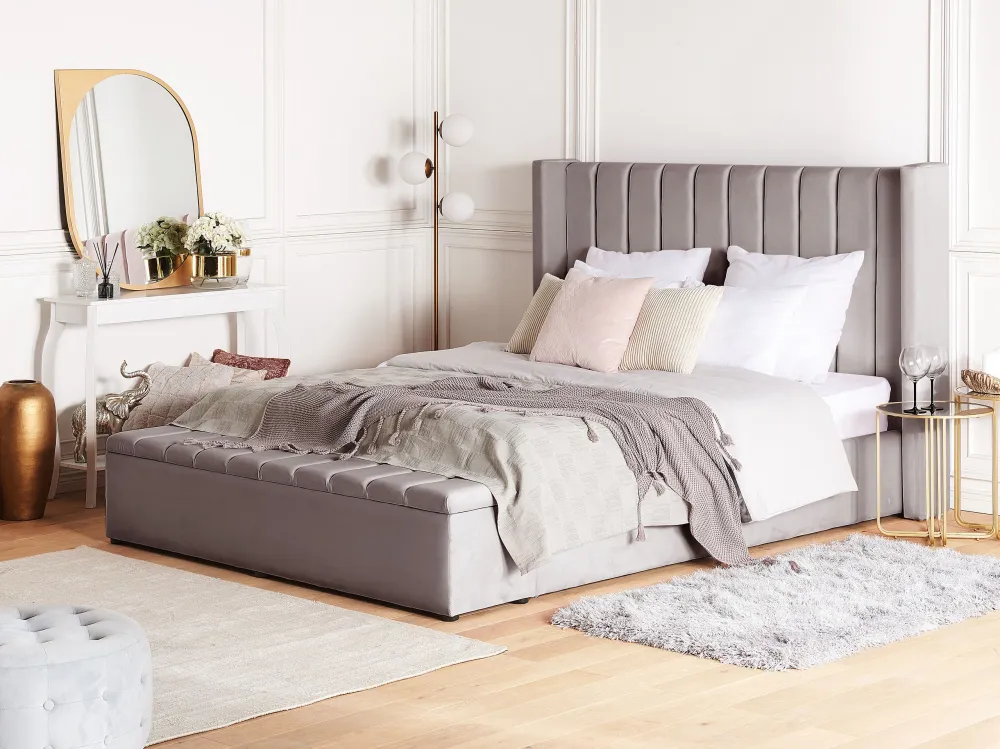 Letto matrimoniale ad acqua velluto grigio con panca portaoggetti 160 x 200 cm NOYERS