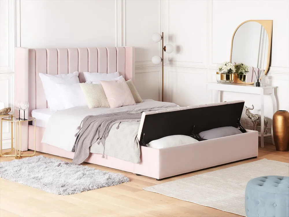 Letto matrimoniale ad acqua velluto rosa pastello con panca portaoggetti 180 x 200 cm NOYERS