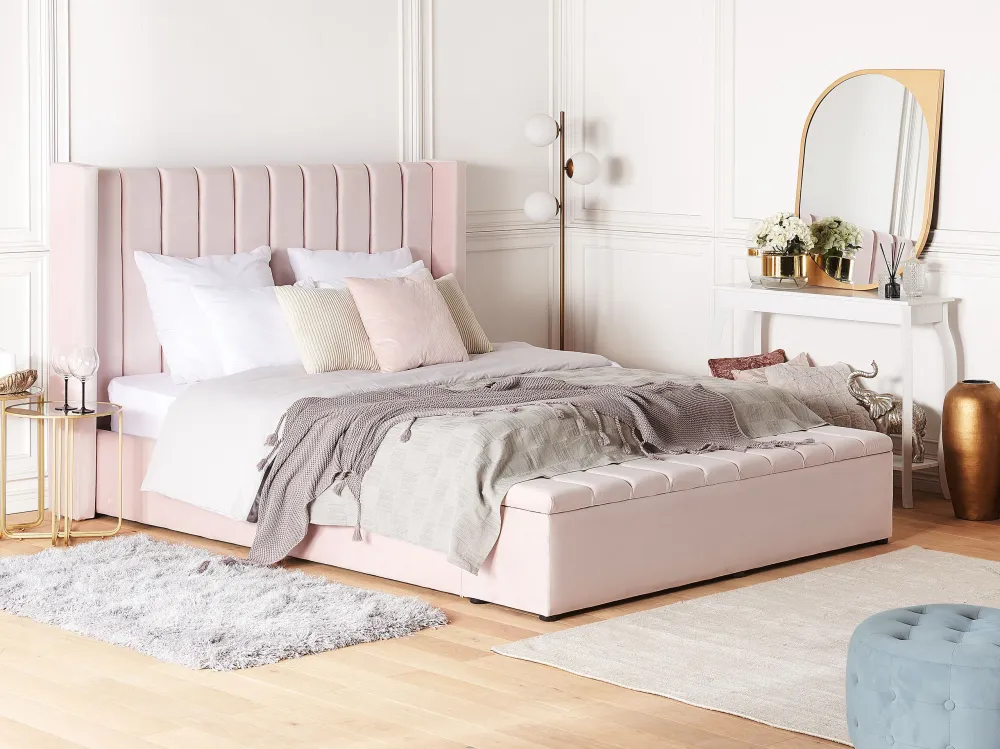 Letto matrimoniale ad acqua velluto rosa pastello con panca portaoggetti 180 x 200 cm NOYERS