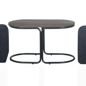 Tavolino con 2 pouf Livaretti Legno scuro e tessuto bouclette nero