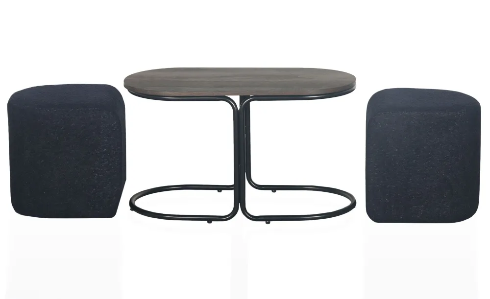 Tavolino con 2 pouf Livaretti Legno scuro e tessuto bouclette nero