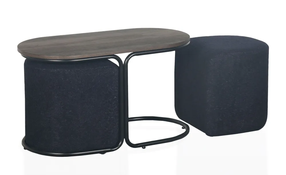 Tavolino con 2 pouf Livaretti Legno scuro e tessuto bouclette nero