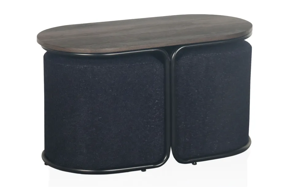 Tavolino con 2 pouf Livaretti Legno scuro e tessuto bouclette nero