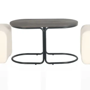 Tavolino con 2 pouf Livaretti Legno scuro e tessuto bouclette crema