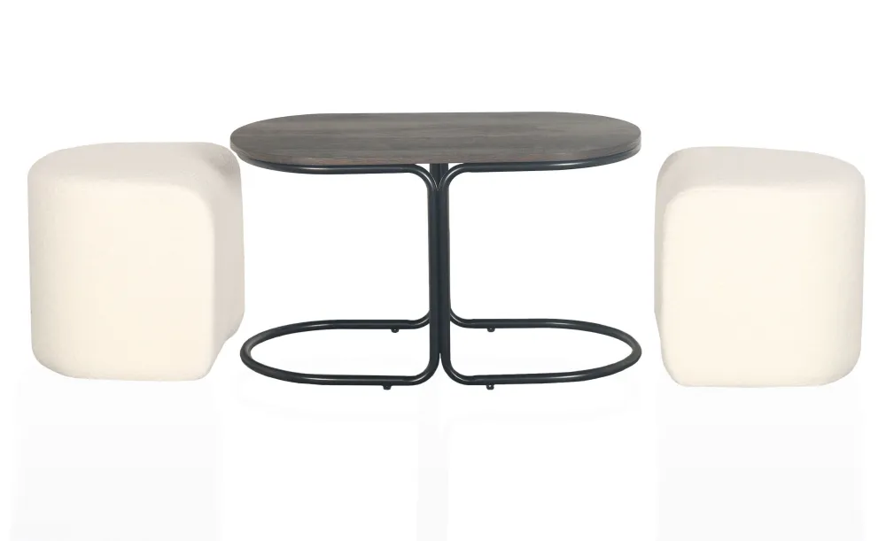 Tavolino con 2 pouf Livaretti Legno scuro e tessuto bouclette crema