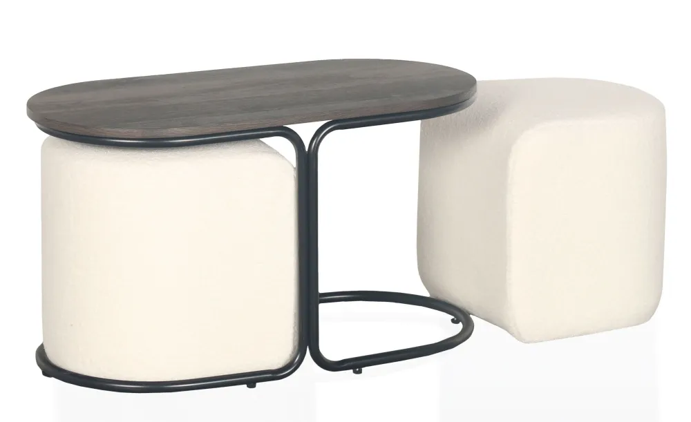 Tavolino con 2 pouf Livaretti Legno scuro e tessuto bouclette crema