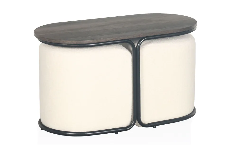 Tavolino con 2 pouf Livaretti Legno scuro e tessuto bouclette crema