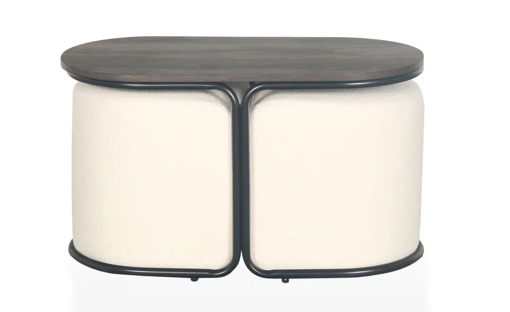 Tavolino con 2 pouf Livaretti Legno scuro e tessuto bouclette crema