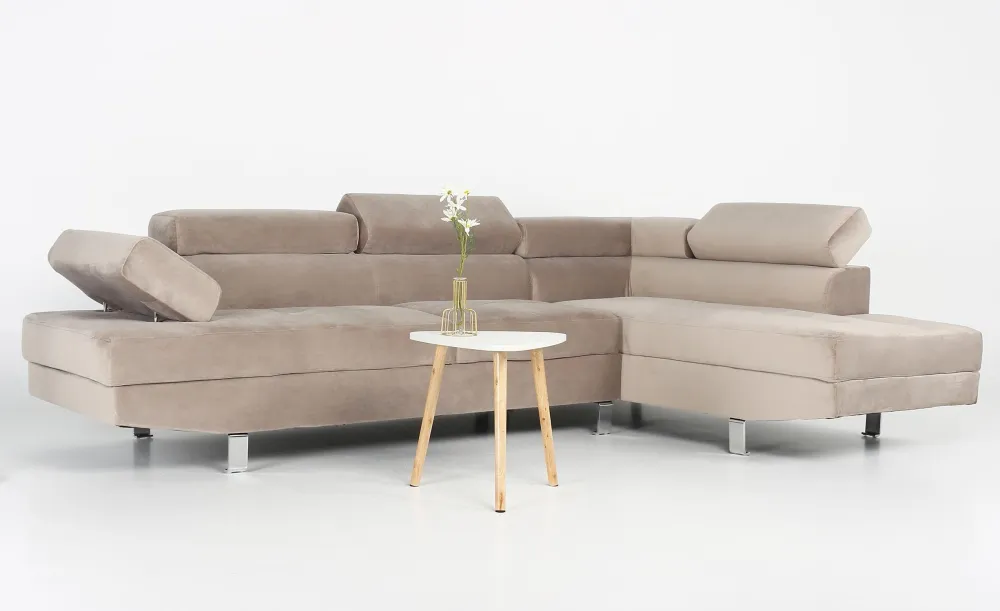 Divano angolare con poggiatesta sollevabili Alfa velluto color talpa