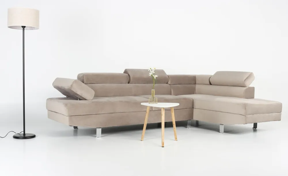 Divano angolare con poggiatesta sollevabili Alfa velluto color talpa