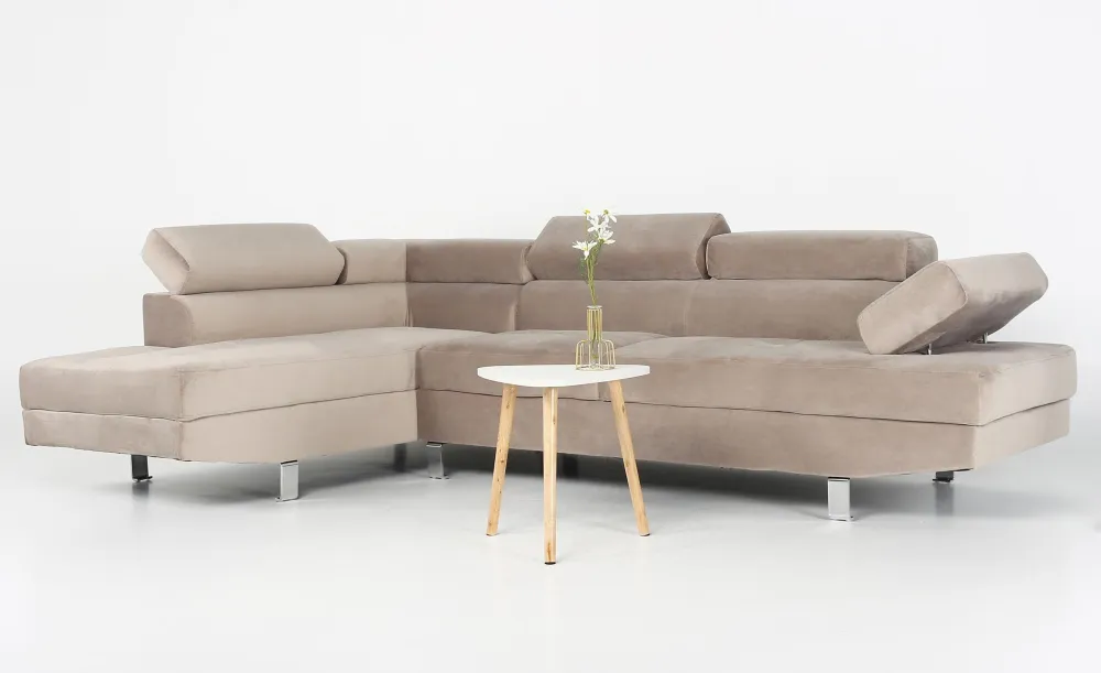 Divano angolare con poggiateste sollevabili Alfa velluto color talpa