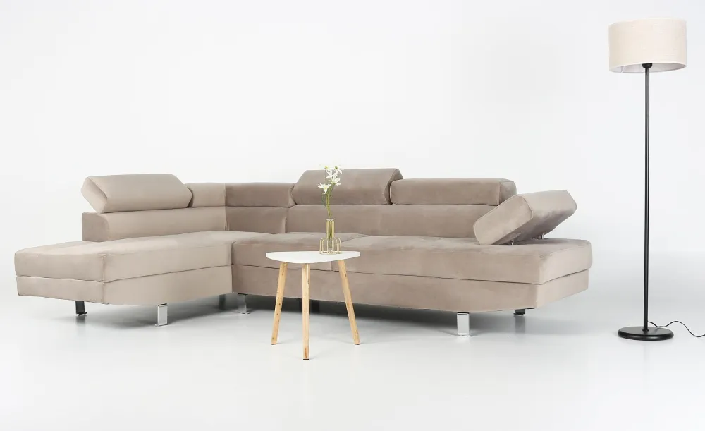 Divano angolare con poggiateste sollevabili Alfa velluto color talpa
