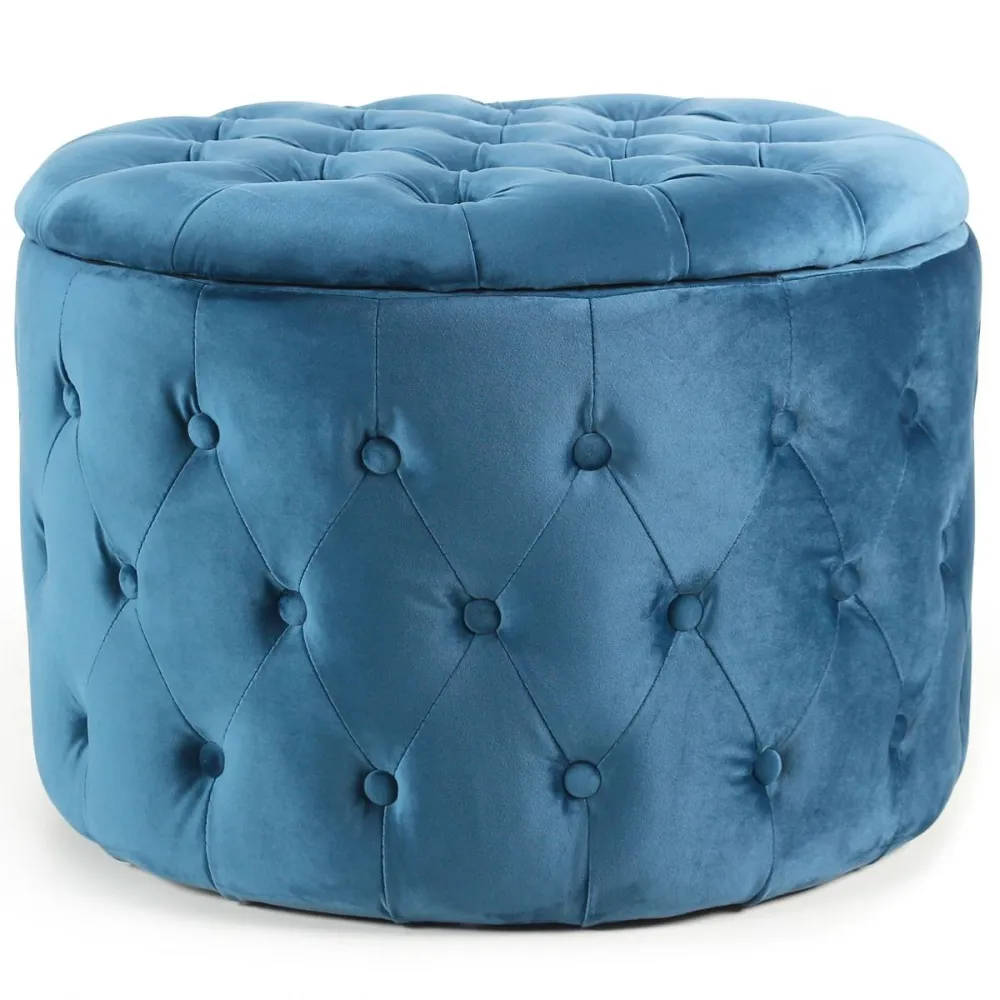 Pouf contenitore rotondo Salvina velluto trapuntato BLU